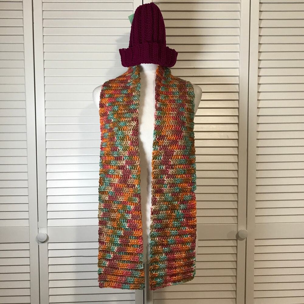 NWT Handmade Crocheted Multicolor Textured Beanie & Scarf 60”